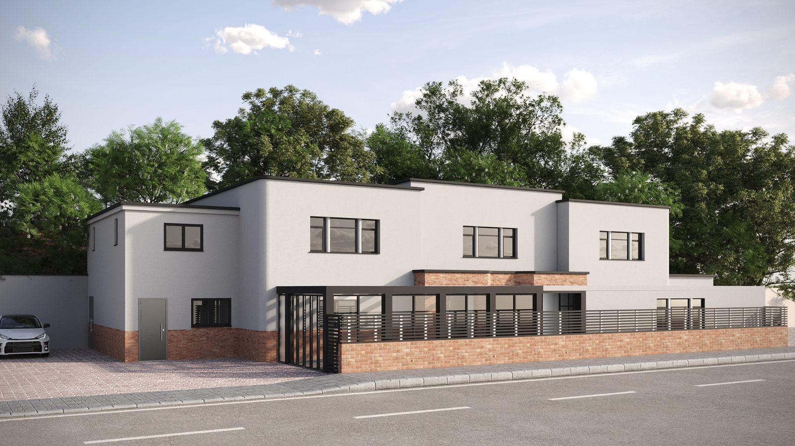 The two-storey home from the street, with white render, brick detailing, a railed front terrace and parking to the side.