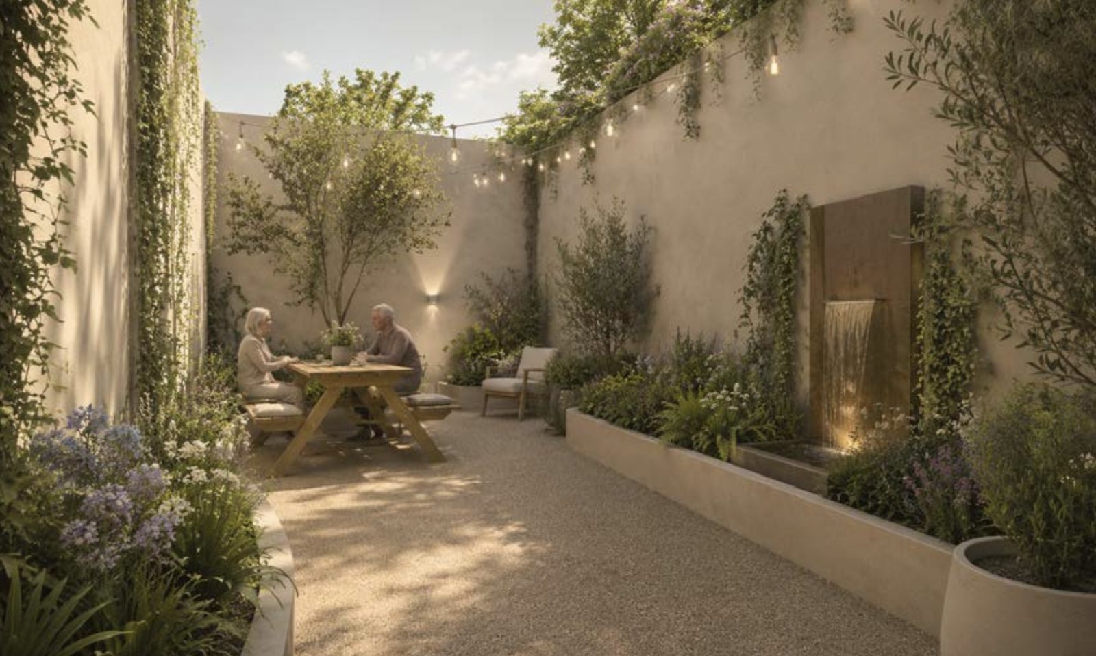 A walled courtyard garden with planting, string lights, a water feature and a wooden table where two people sit talking.